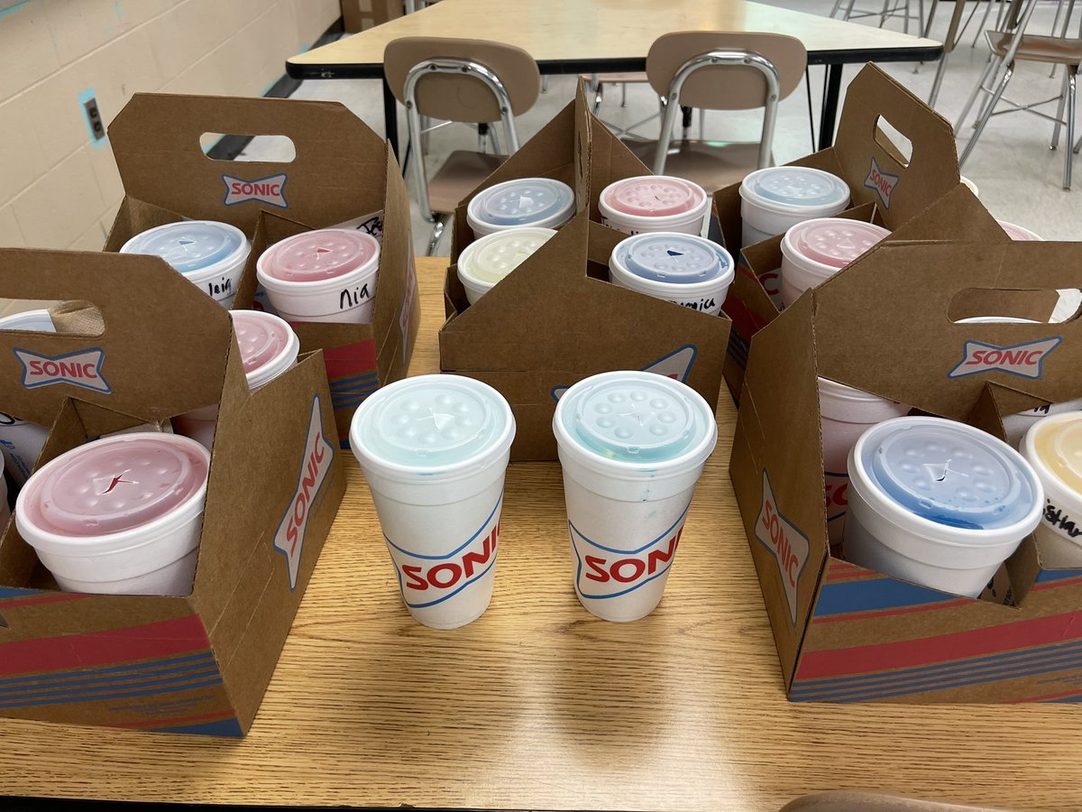 EJJonesmath's tweet photo. I want to give a huge shoutout to the @sonicdrivein on Temple Rd for preparing 50 slushies (individually labeled at that) for my 7th and 8th graders @BMSOwls last Thursday and Friday. Thank you for supporting our school and community! 

@DrJonesMason 
@SwihartSeth https://t.co/2unO9A7QMY