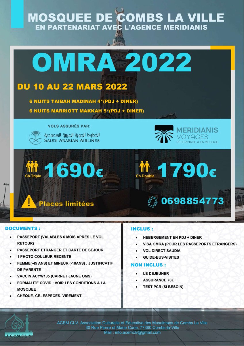 ACEMCLV's tweet photo. Salem aleykum,

Pour information, il reste 8 places pour cette Omra inshaAllah 

ACEM CLV https://t.co/JCVMHEfzBu