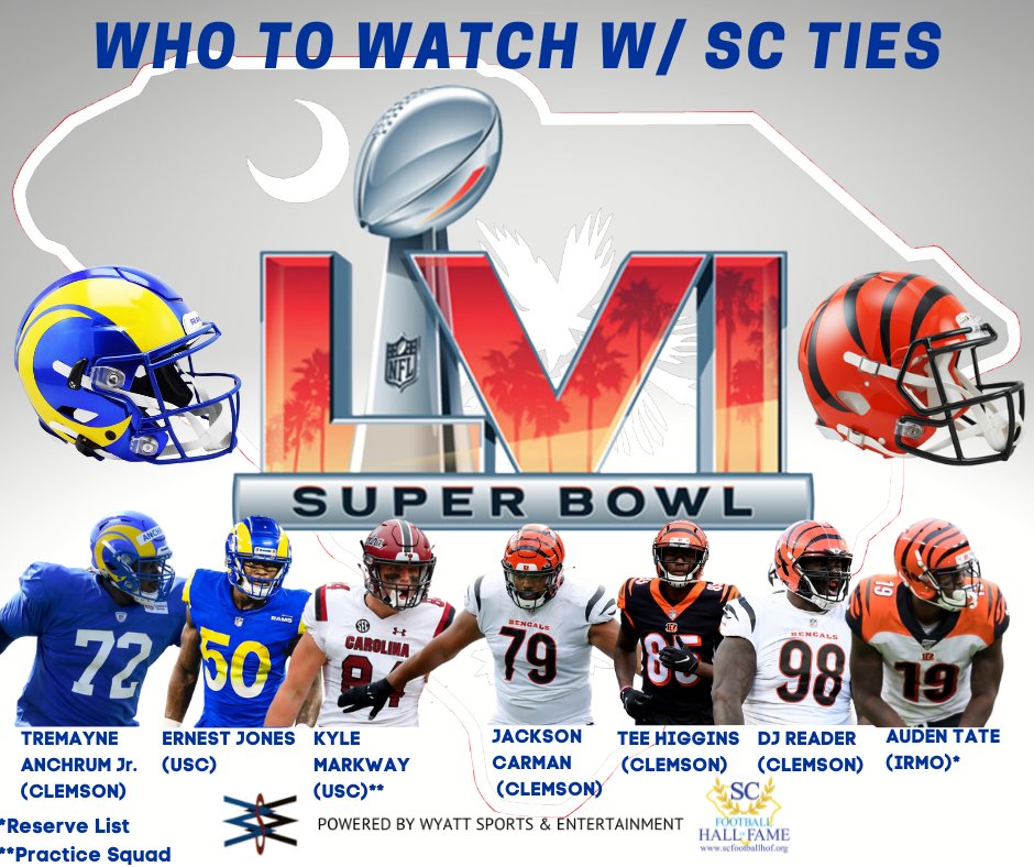 SCFootballHOF's tweet image. Tonight at about 6:20pm.  These players with SC Ties will have a chance for a Super Bowl Ring! #SBLVI #SCPros #SCStrong 💪 #CarolinaMade #AllIn

@SportsEntMgmt x #SCFHOF I #Prepare I #Excel I #Succeed