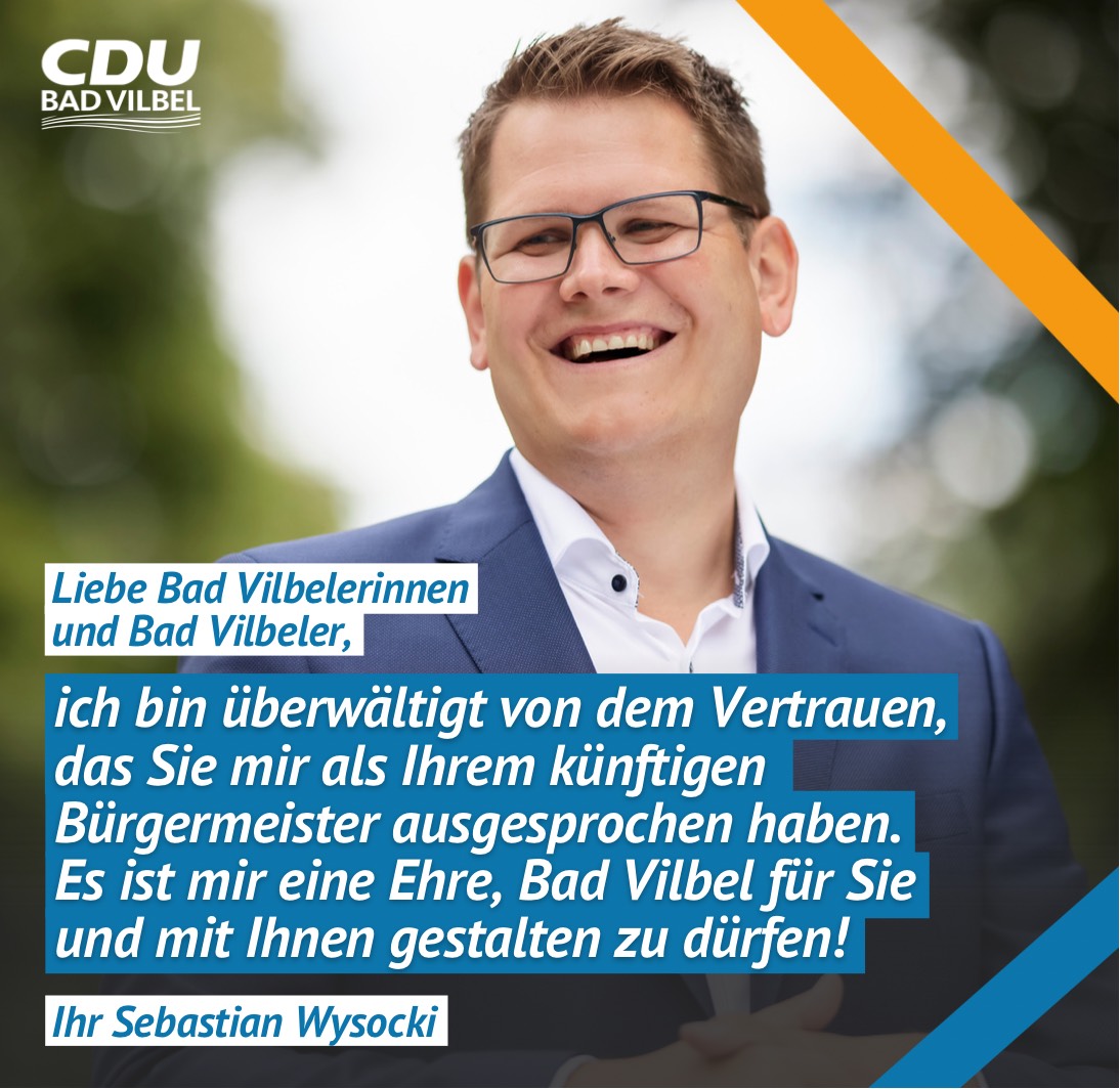 Bad Vilbel hat entschieden: Sebastian Wysocki wird nächster Bürgermeister der Quellenstadt! 🧡

Herzlichen Glückwunsch, lieber Sebastian - wir freuen uns unglaublich für Dich und über diesen Erfolg!
Bei Dir ist #BadVilbel in guten Händen. 

DANKE auch an die vielen Wahlhelfer!