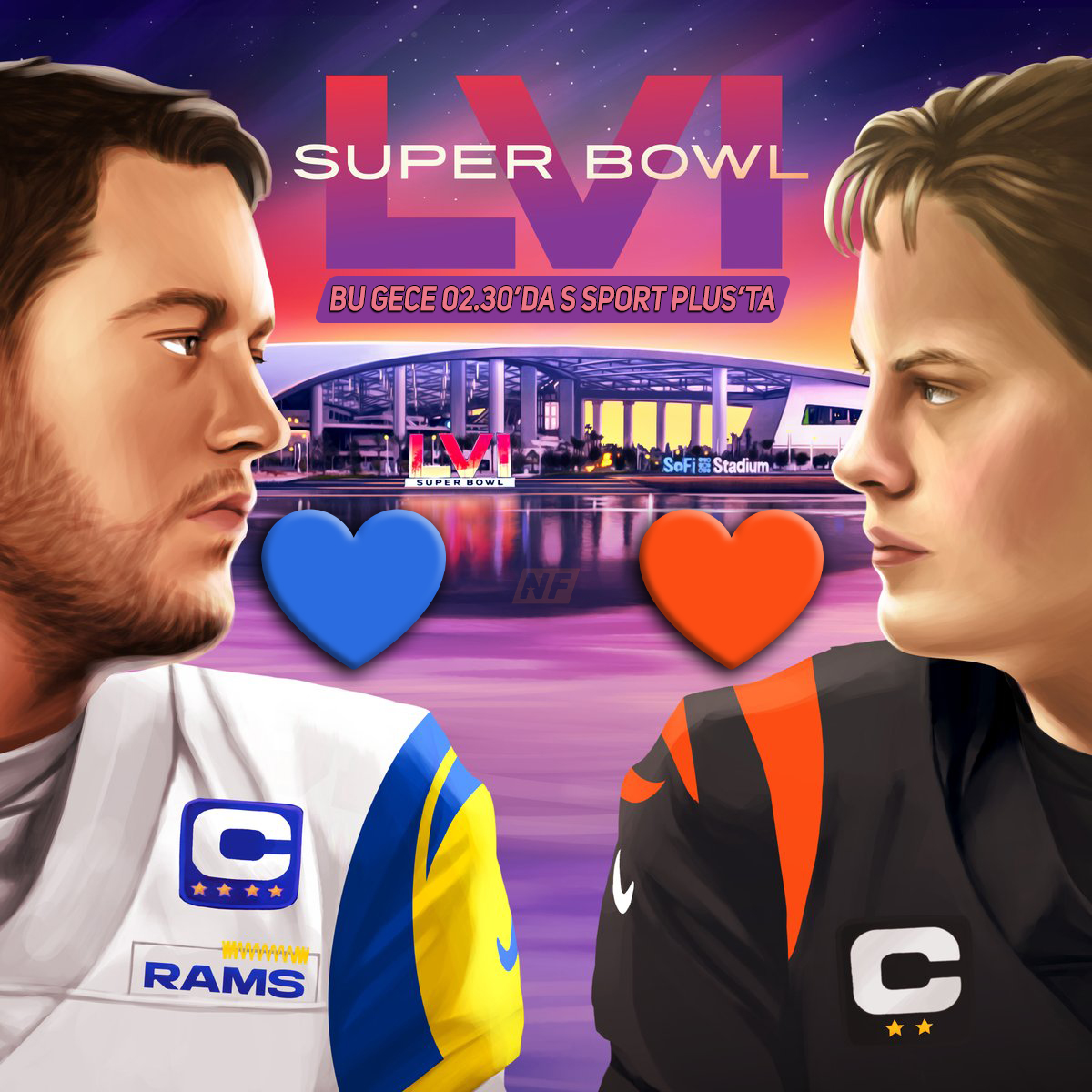 Bu gece NBA maçlarından sonra gözler Super Bowl'da ve @nffootballtr sayfasında olacak. 🏈 Sizce kim kazanır? 💙 Los Angeles Rams mi, Cincinnati Bengals mı? 🧡 Tarafını seç, yoruma emoji bırak.