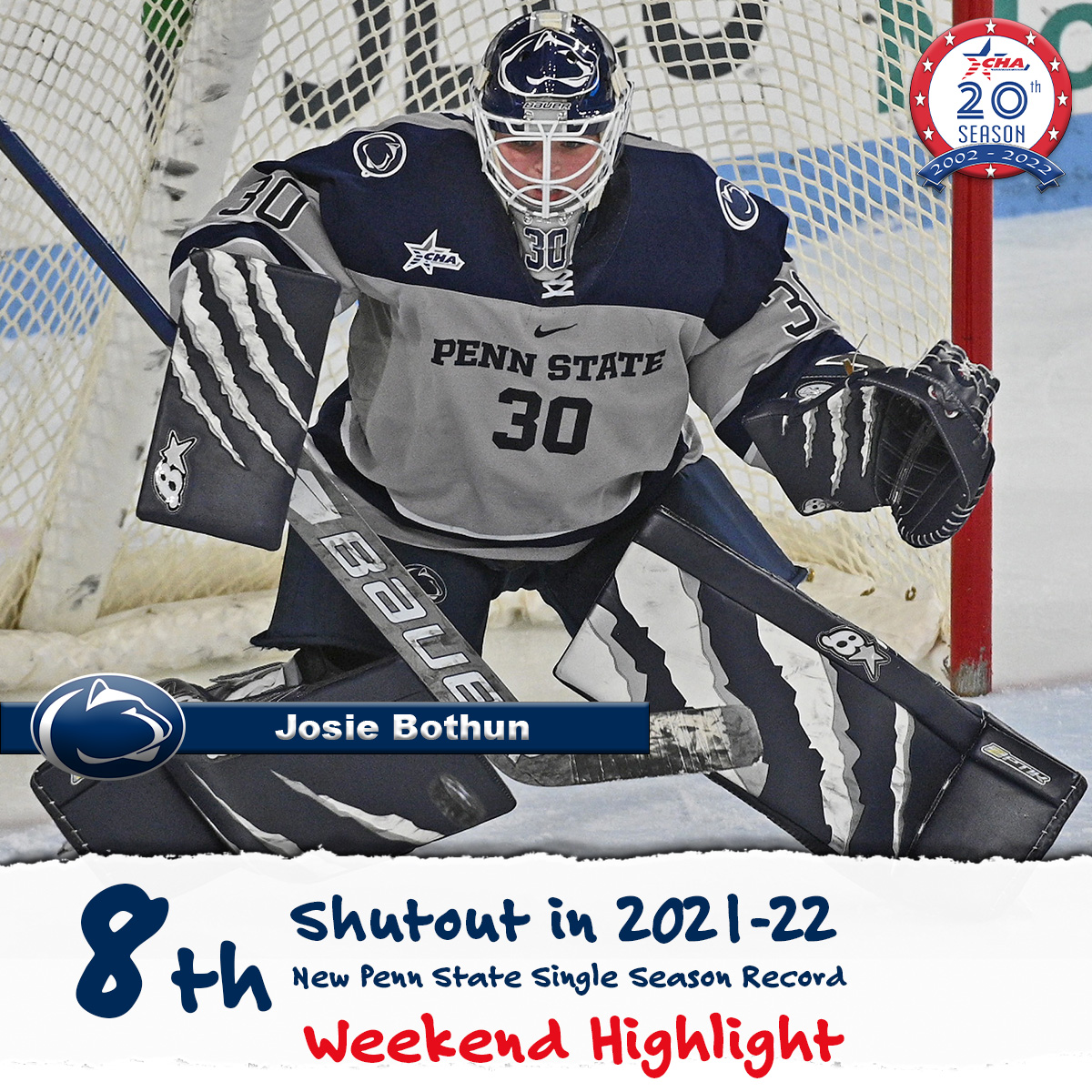 CHAWomensHockey's tweet image. Congratulations to Penn State's Josie Bothun on her PSU record 8⃣th shutout this season!

#CHA20 | #HockeyValley