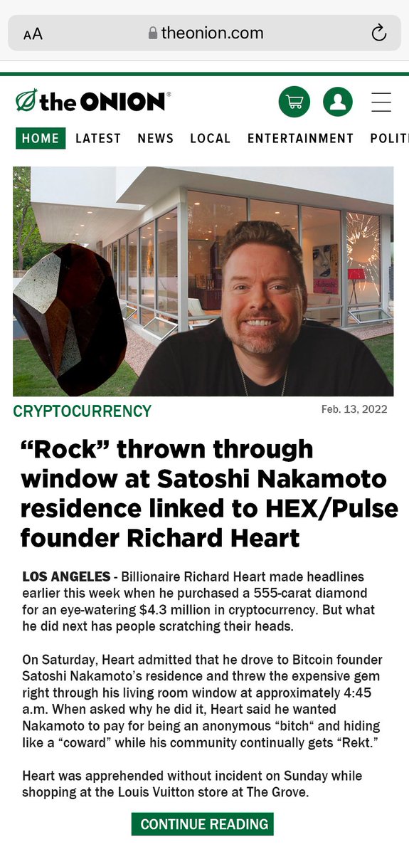 CaliHexican's tweet image. When @TheOnion makes fun of you, it’s safe to say you’ve made it. @RichardHeartWin #HEX #Hexicans #PulseChain #PulseX #cryptocurrency #Bitcoin #SatoshiNakamoto