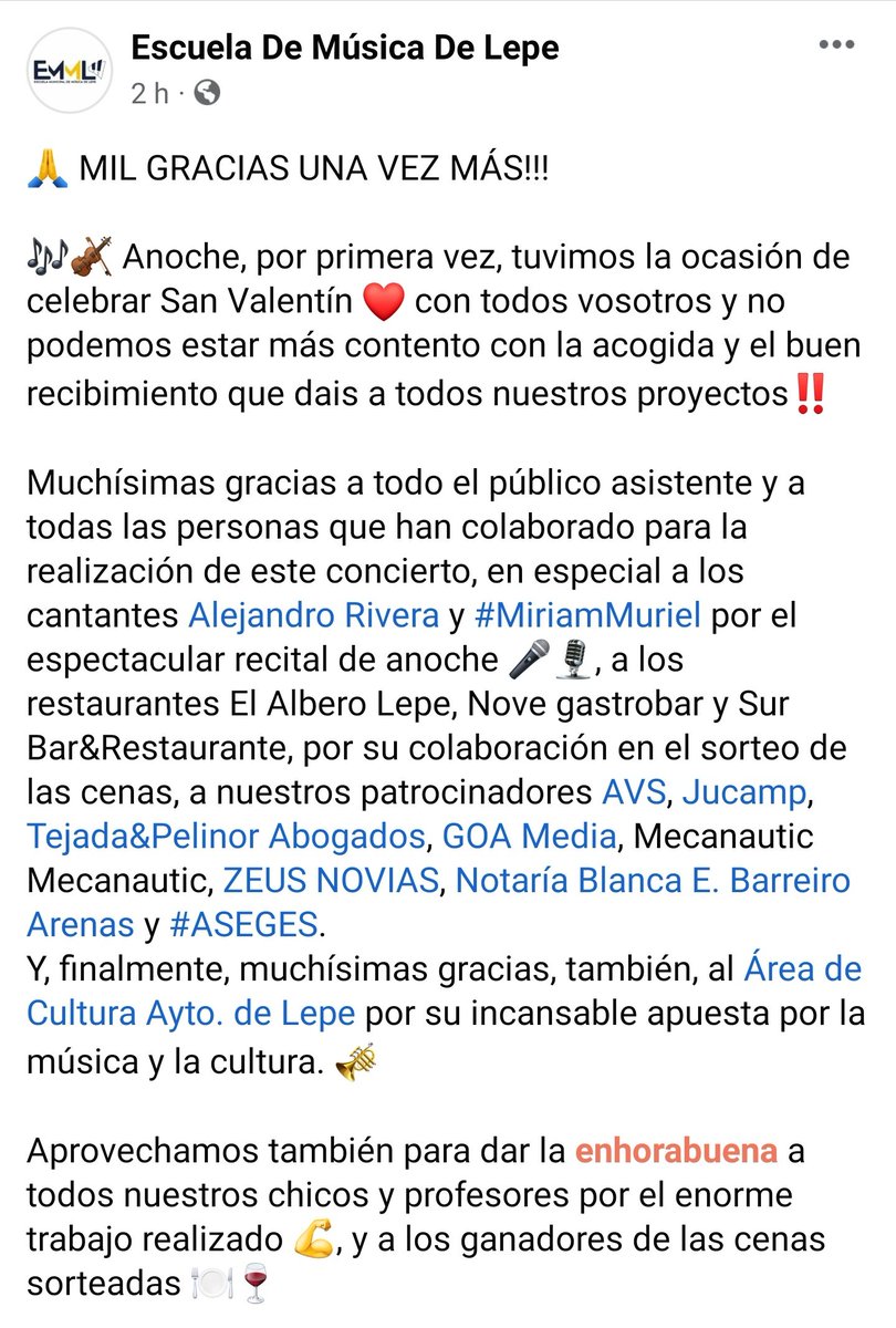 EMpalMusicaLepe's tweet photo. 🙏 MIL GRACIAS UNA VEZ MÁS!!! 

🎶🎻 Anoche, por 1a vez, tuvimos la ocasión de celebrar #SanValentín ❤ con todos vosotros y no podemos estar más contento con la acogida y el buen recibimiento que dais a todos nuestros proyectos.

Muchísimas gracias a todo el público asistente ‼️ https://t.co/W7Gr3Rx99O
