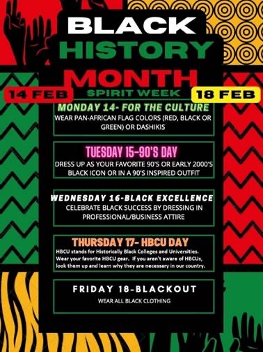 It’s a C’BURG Black History Month inspired Spirit Week! Join the celebration and learn something along the way!