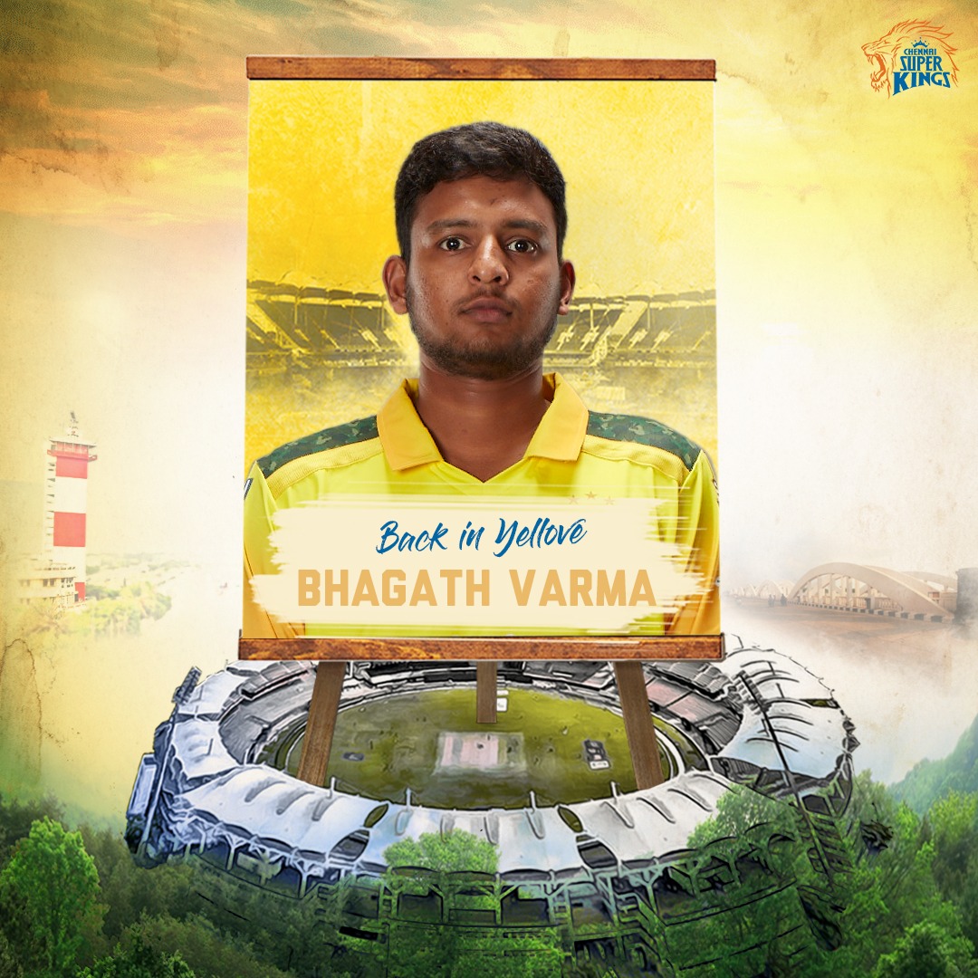 ChennaiIPL's tweet photo. Manavadu back in the Den! 💛 Welcome home Bhagath! 

#SuperAuction #WhistlePodu 🦁 https://t.co/zGVuGPKrsv