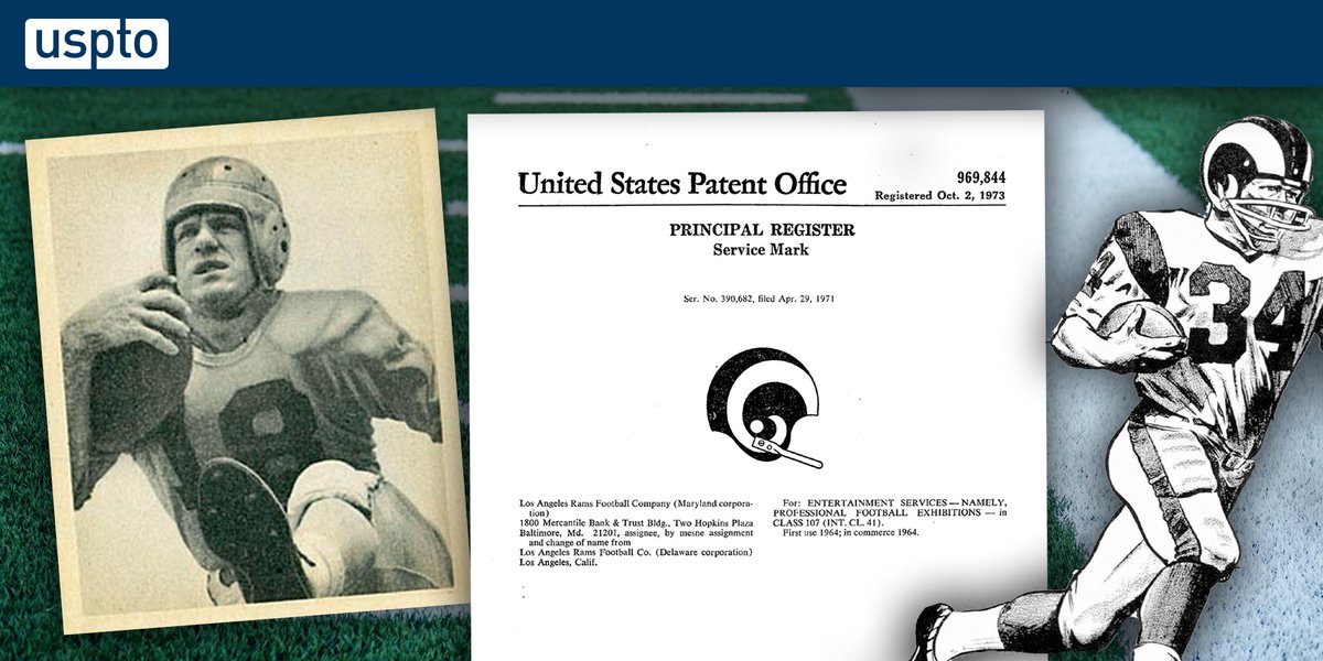 uspto's tweet photo. In 1948, @RamsNFL halfback Fred Gehrke painted ram horns on the team’s leather helmets, making the Rams the first NFL team to sport a logo on their head gear. The decorative helmets quickly became part of the team’s brand identity. #SBLVI #MarkTheCompetition #TrademarkHistory https://t.co/VH0lYdxiuu