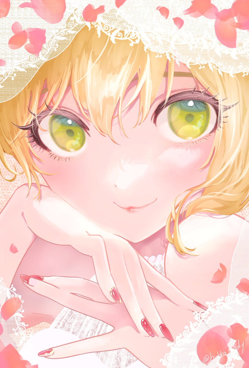 miyamoto frederica 1girl solo blonde hair green eyes looking at viewer smile petals  illustration images