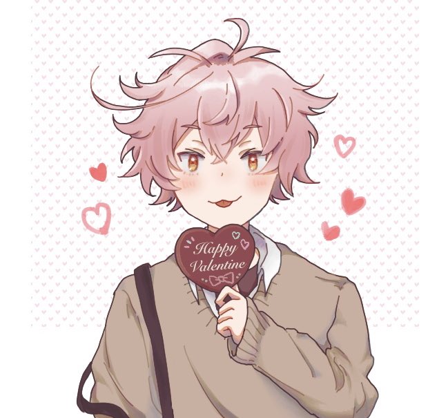1boy male focus heart pink hair solo sweater looking at viewer  illustration images
