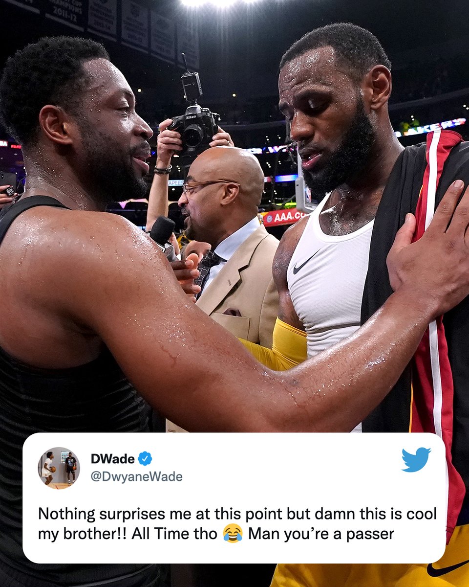 ESPNNBA's tweet image. LeBron became the all-time leading scorer in NBA history, including playoffs, and Dwyane Wade is loving it ❤️