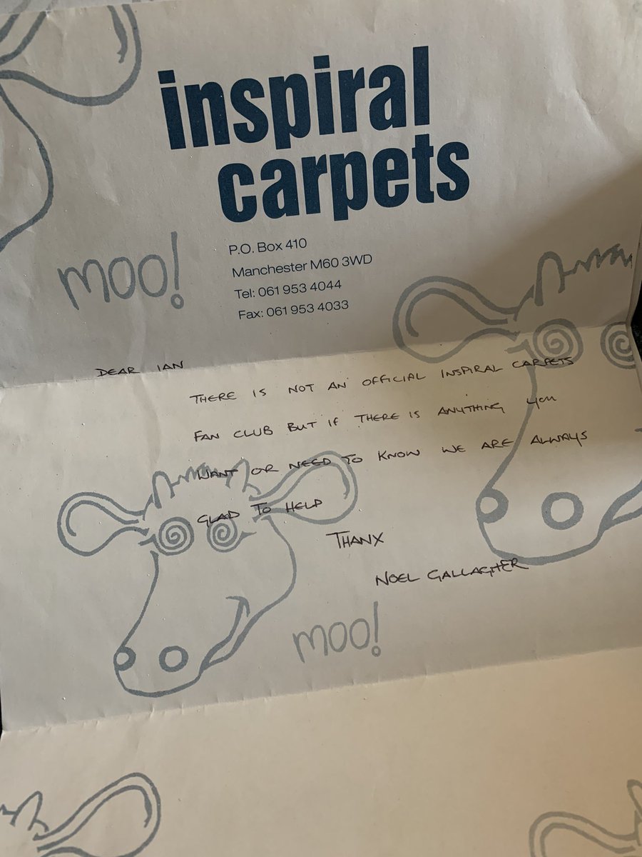 Clearing out my loft and found they reply from Inspiral Carpets when I was 16 asking about a fan club. Thanks <a href="/NoelGallagher/">Noel Gallagher</a> for the response. <a href="/inspiralsband/">Inspiral Carpets</a>