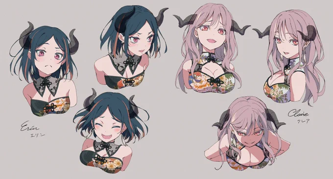 この子達の、過去描いたデザイン、表情、イメージラフです。サキュバスの二人組です。
These are rough images of the designs, expressions, and images I've drawn in the past. They are a pair of succubus. 
