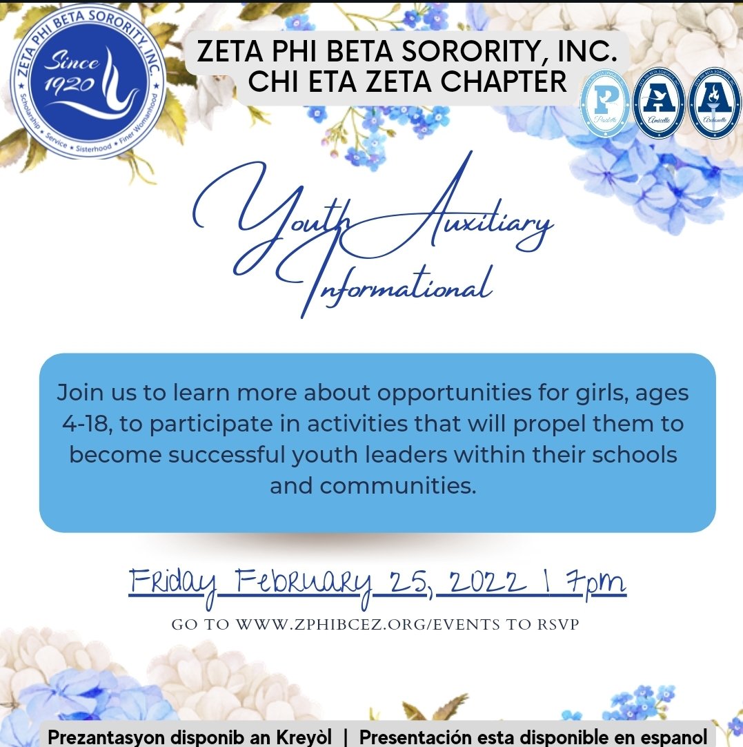 Girls to Pearls: Do you have a daughter, younger sister, cousin, relative or student (ages 4-18) in your network who can benefit from a youth auxiliary connected to an elite sorority? Come to our Youth Informational and learn more on how they can become leaders in our community!