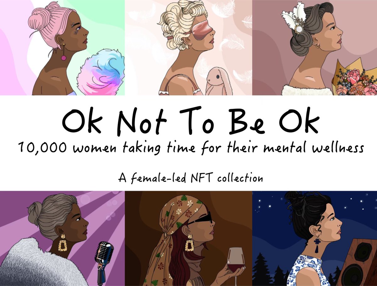 oknottobeoknft's tweet photo. Ok Not To Be Ok is a 10k piece female NFT project focusing on mental wellness. 
Each unique woman is practicing a “remedy” that makes herself feel better. 
Visit our website to explore the utility programs and more!
Launching in late March / early April 🤍 Stay tuned

#womennft https://t.co/0udUVDyjA4