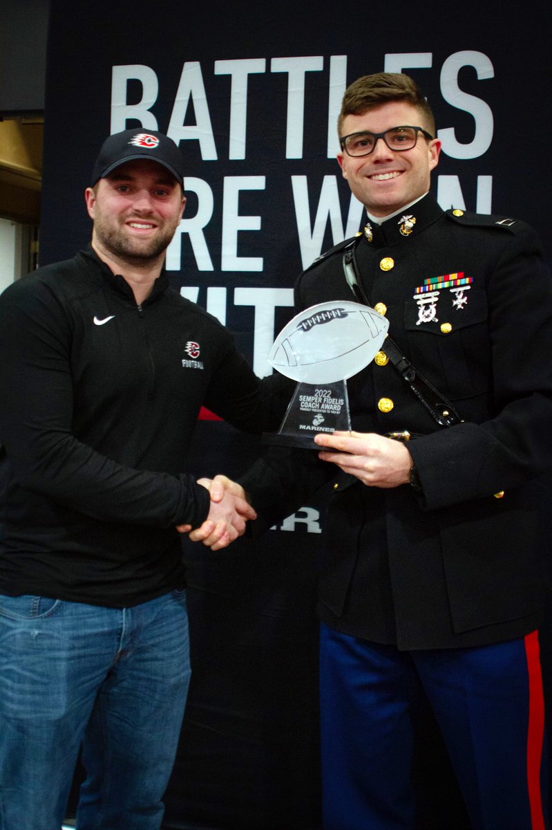 CentCougsFB's tweet photo. Congratulations to our Defensive Coordinator, Michael Diggins, on winning the Semper Fi Coaches Award presented by the Marine Corps. Michael won this for his commitment to Centennial Football &amp; Cougar Strength. 
(We stole his Twitter login) https://t.co/4jmn3oITLr