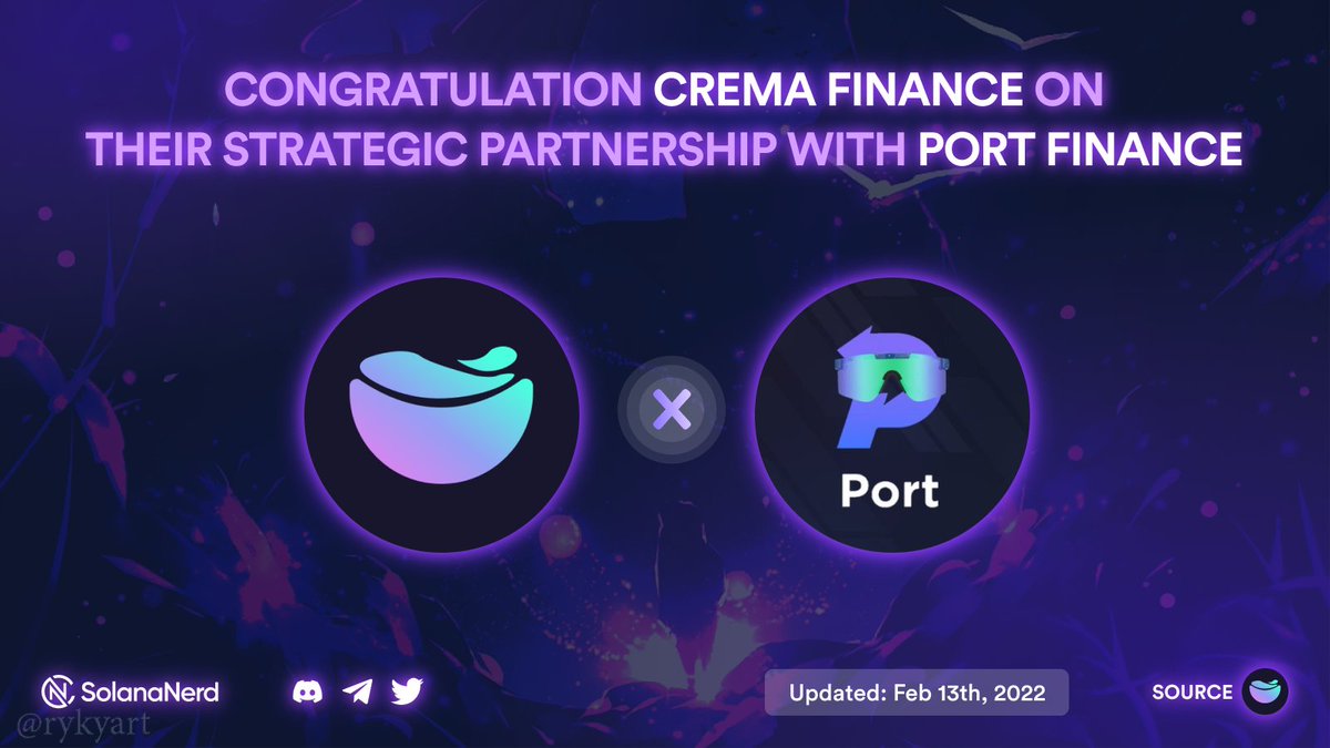 Solana_Nerd's tweet photo. 🥂Congratulation @Crema_Finance on their strategic partnership with @port_finance 

#partnership #Solana https://t.co/TwOjXuJ4JV
