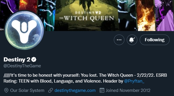 DestinyBulletn's tweet photo. Bungie has been updating the Bio for #Destiny2's official Twitter account with new phrases. So far, we have:

///A tower of falsehoods leading to the truth.
////There is nothing but deep ocean above.
/////It’s time to be honest with yourself: You lost. https://t.co/F5C4Zv7V8z