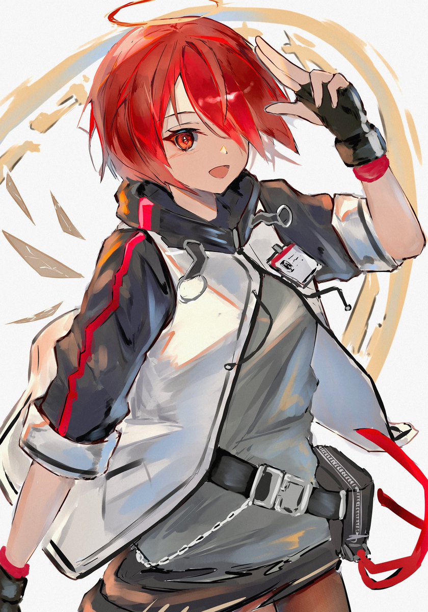exusiai (arknights) 1girl solo gloves red hair halo fingerless gloves jacket  illustration images