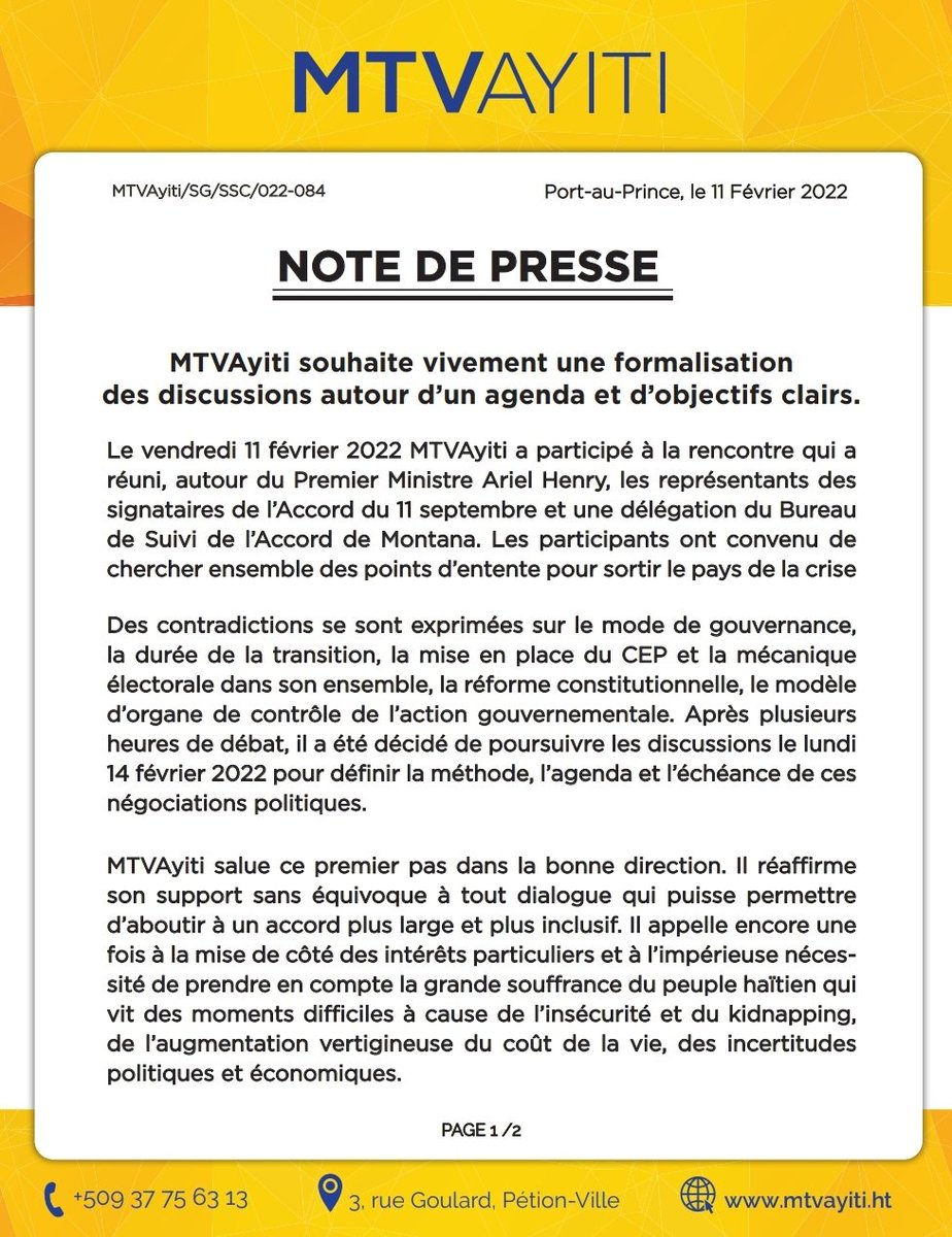 MTV_Ayiti's tweet photo. Note de presse, 11 février 2022. #MTVAyiti #NoteDePresse https://t.co/v75Wytn33R