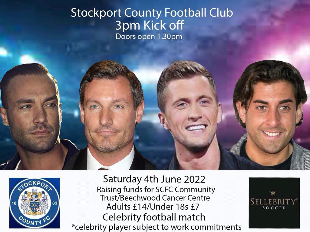 📆 SATURDAY 4TH JUNE 2022
📍Stockport County Football Club

Book your tickets our huge celebrity match at Stockport County FC on Saturday 4th June 2022

Raising funds for <a href="/Beechwoodccc/">Beechwood Cancer Care</a> <a href="/SCFCCommunity/">Stockport County Community Trust</a> 

Sponsors <a href="/lynxtaxis/">LYNX</a> <a href="/OdinRec/">ODIN Recruitment</a> 

Book tickets at sellebritysoccer.org.uk ⚽️