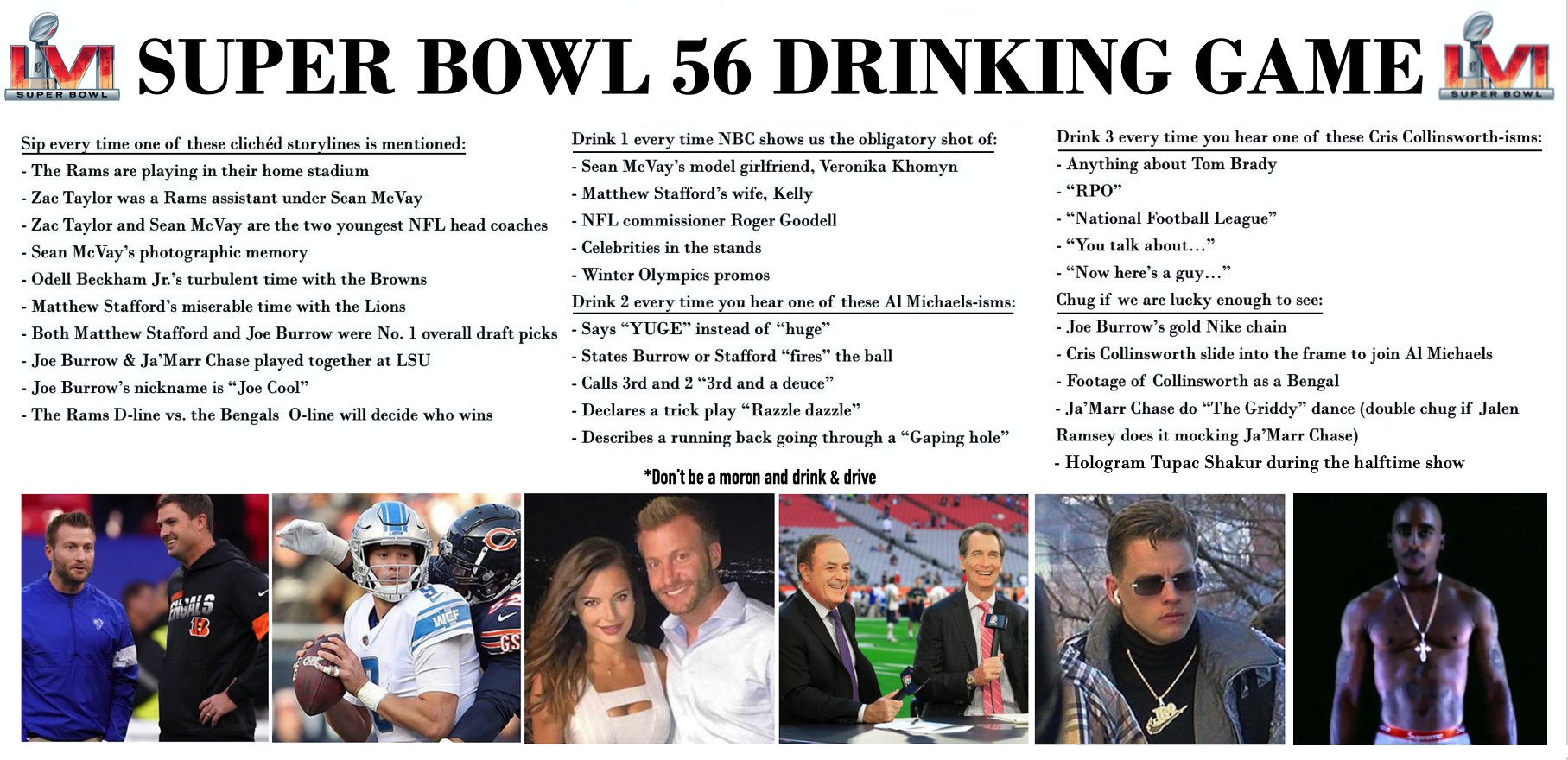 Jim Weber on Twitter: "Presenting the Super Bowl 56 Drinking Game,  preferably played with Gin &amp; Juice or Thug Passion and accompanied with  a heavy dose of Advil. 🍻 https://t.co/iOoklCaCN4" / Twitter