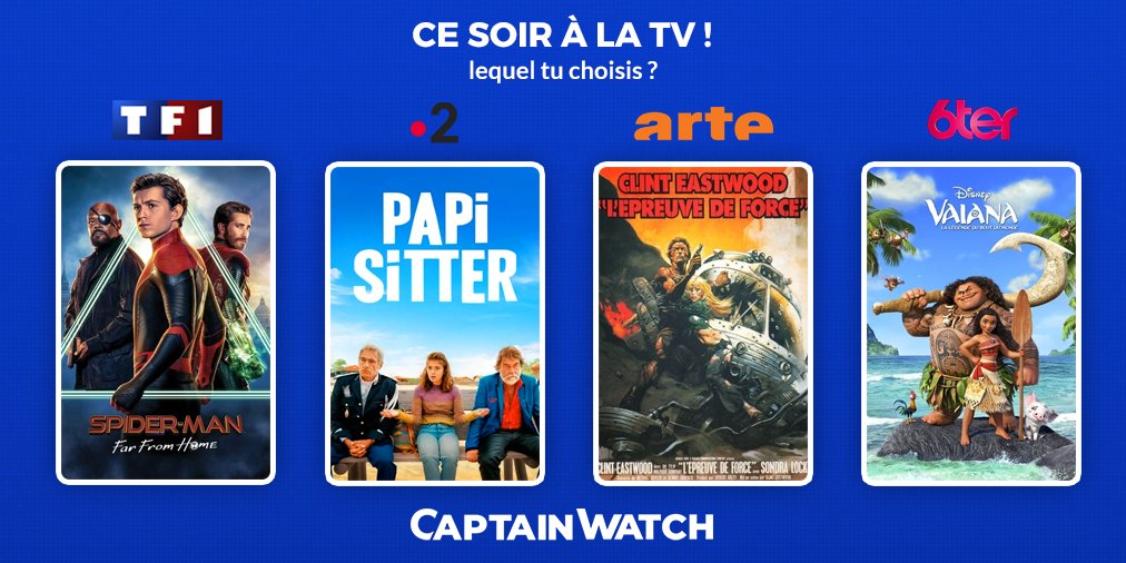 Captain_Watch's tweet photo. #ProgrammeTV 📺
Lequel tu choisis ?
#SpiderManFarFromHome sur @TF1
#PapiSitter sur @France2tv
#LepreuveDeForce sur @ARTEfr
#Vaiana sur @6ter
Viens nous le dire en commentaire ! https://t.co/FabqUYanbd