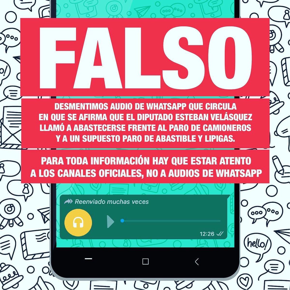 CalamaVelasquez's tweet photo. ⚠️ Atención! Desmiento audio de whatsapp donde una persona indica haber hablado conmigo sobre desabastecimiento. Hago un llamado a informarnos siempre por medio de los canales oficiales y no por audios de whatsapp. #FakeNews https://t.co/mZaDjrvN7Q