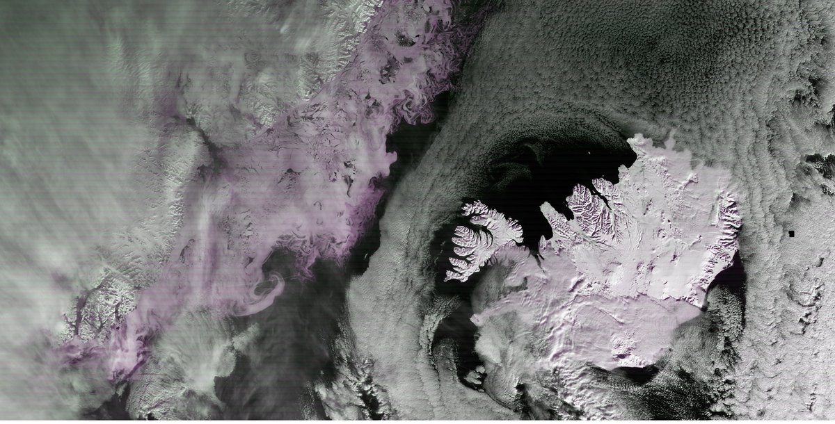 Terra showing ice, between Greenland Iceland 130222