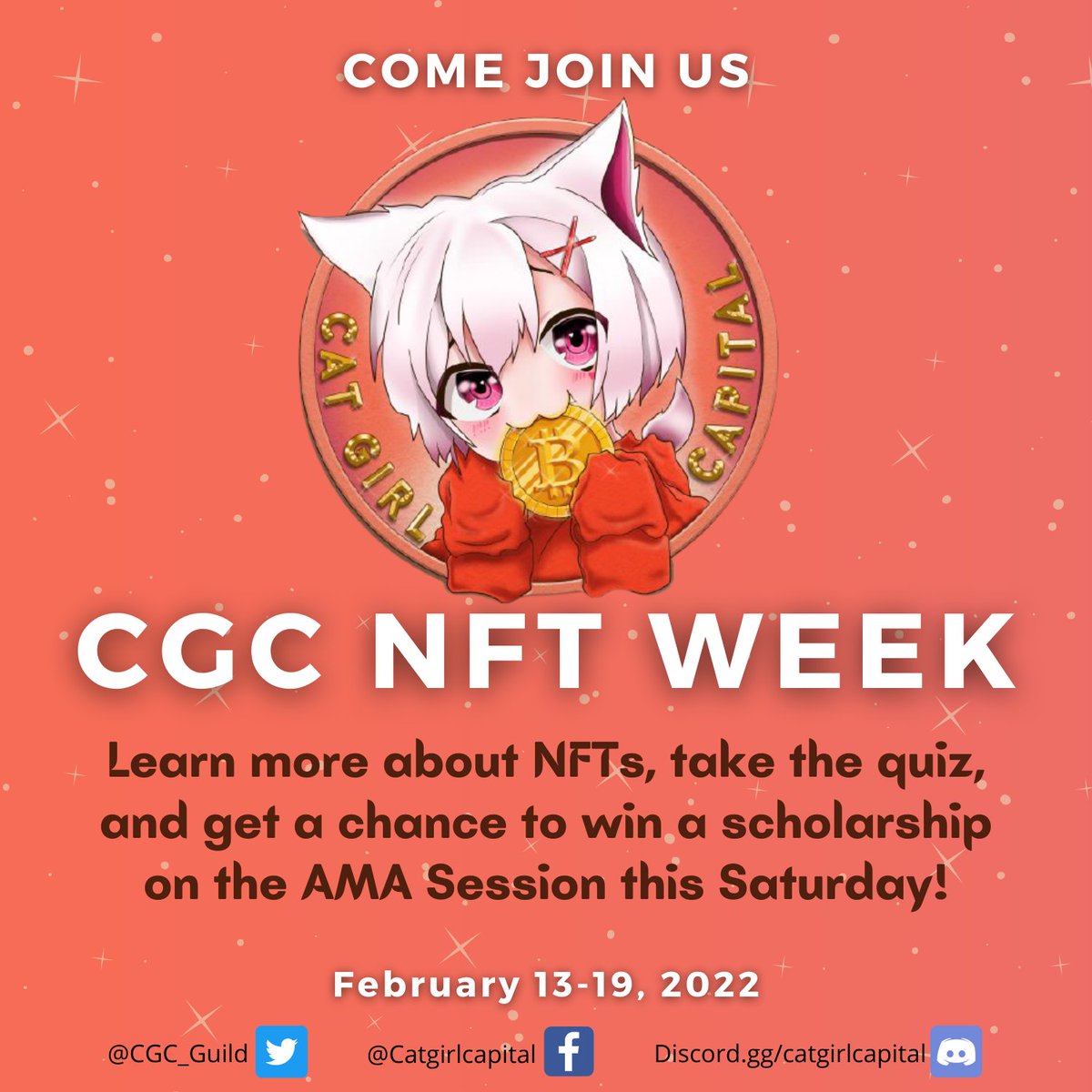 It's NFT Week for CGC and you are invited! ✨

Learn more about NFTs, take our quiz, and get a chance to win a scholarship on the AMA Session this Saturday! 

How? Bookmark this post and join our discord: discord.gg/catgirlcapital
#NFT #AxieScholarship #AxieInfinityScholar