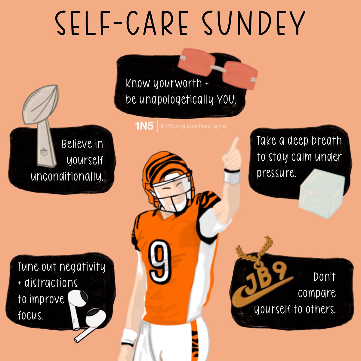 1N5_org's tweet photo. Happy #SuperBowlLVI #SunDEY! Can we get a #WhoDey?! 

#Superbowl #RuleItAll #RuleTheJungle #selfcare #SelfCareSunday @JoeyB @Bengals #JoeBurrow #JoeShiesty https://t.co/CPybViiket