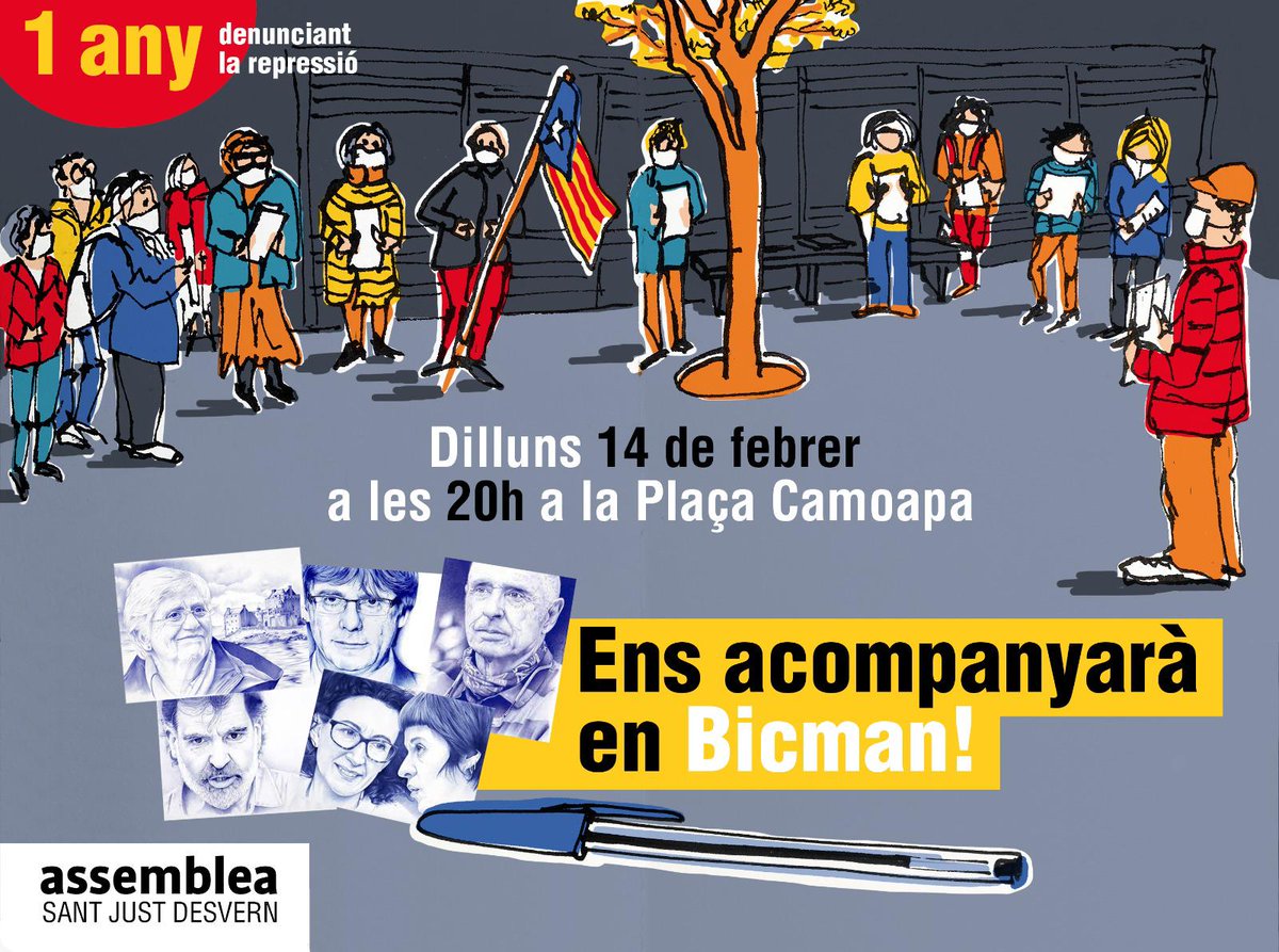 Demà dilluns, a la plaça Camoapa a les 8 del vespre, seguirem protestant pels represaliats. A més tindrem en BICMAN, i celebrarem que fa 1 ANY, que cridem i cantem a Sant Just per alliberar-nos de la repressió de les institucions espanyoles. Demà hi haurà COQUES i MOSCATELL !