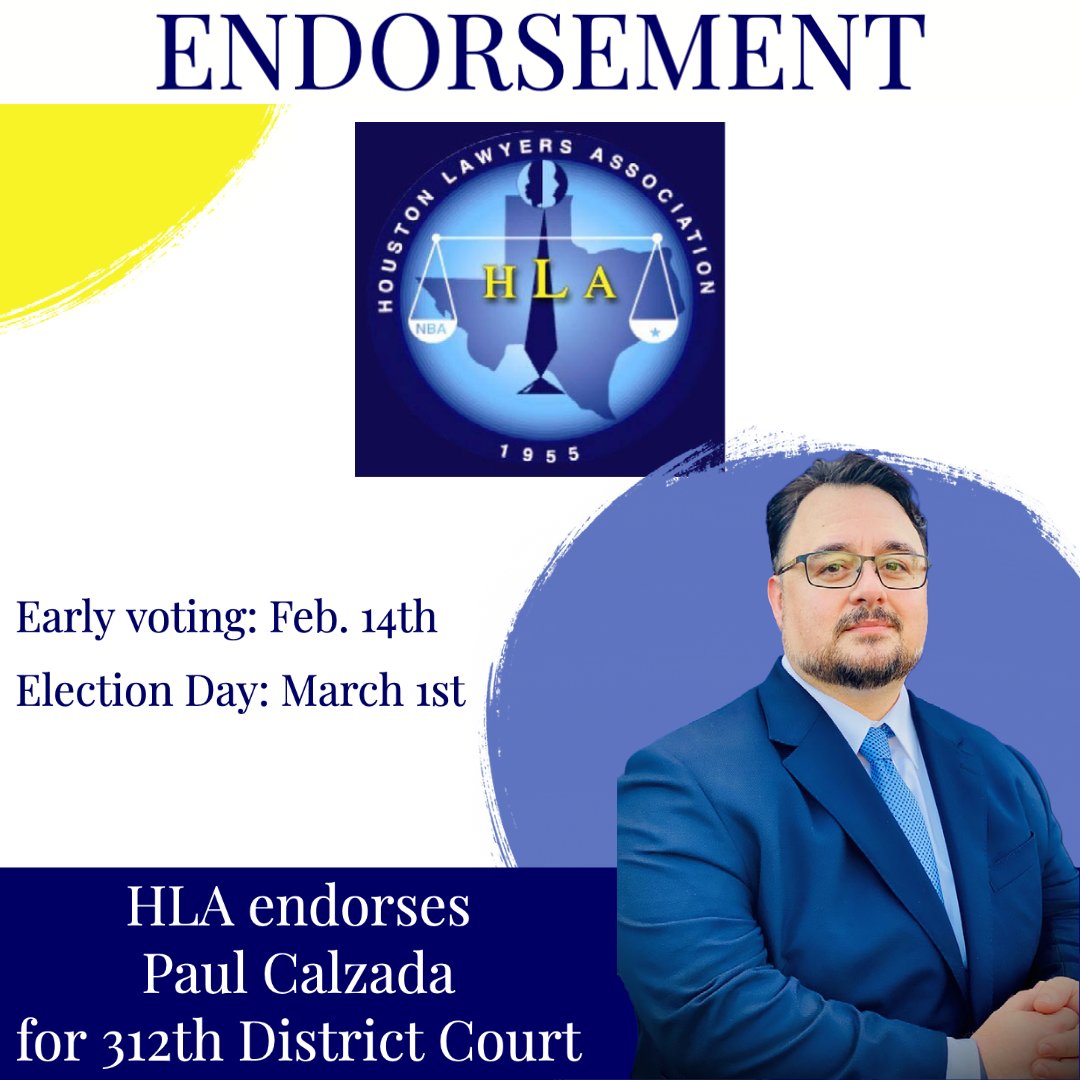 PaulForJudge312's tweet photo. Endorsement Alert! The Houston Lawyers Association endorses Paul Calzada for 312th District Court in the 2022 Harris County Democratic Primary. 
https://t.co/BsY26f0epe
DONATE: https://t.co/aaqpQg0S7R
#paulforjudge #paulfor312 #temperament #inclusion #diversity #hla https://t.co/oEku7dEZeX
