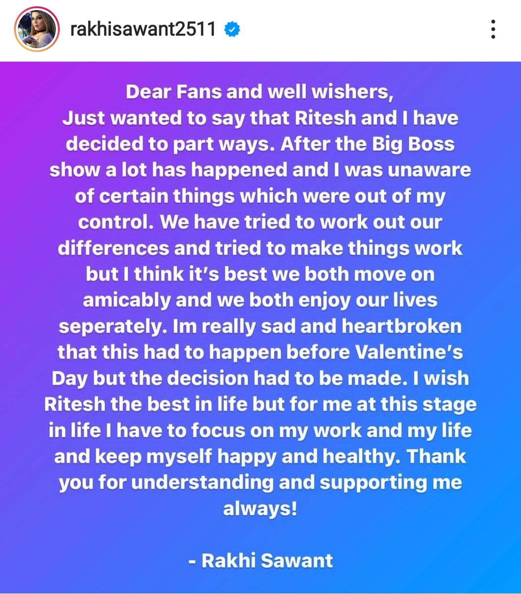 #RakhiSawant has announced that she is separating from husband Ritesh Singh. Rakhi posted a heartfelt note on her Insta account announcing that she has decided to part ways with Ritesh.