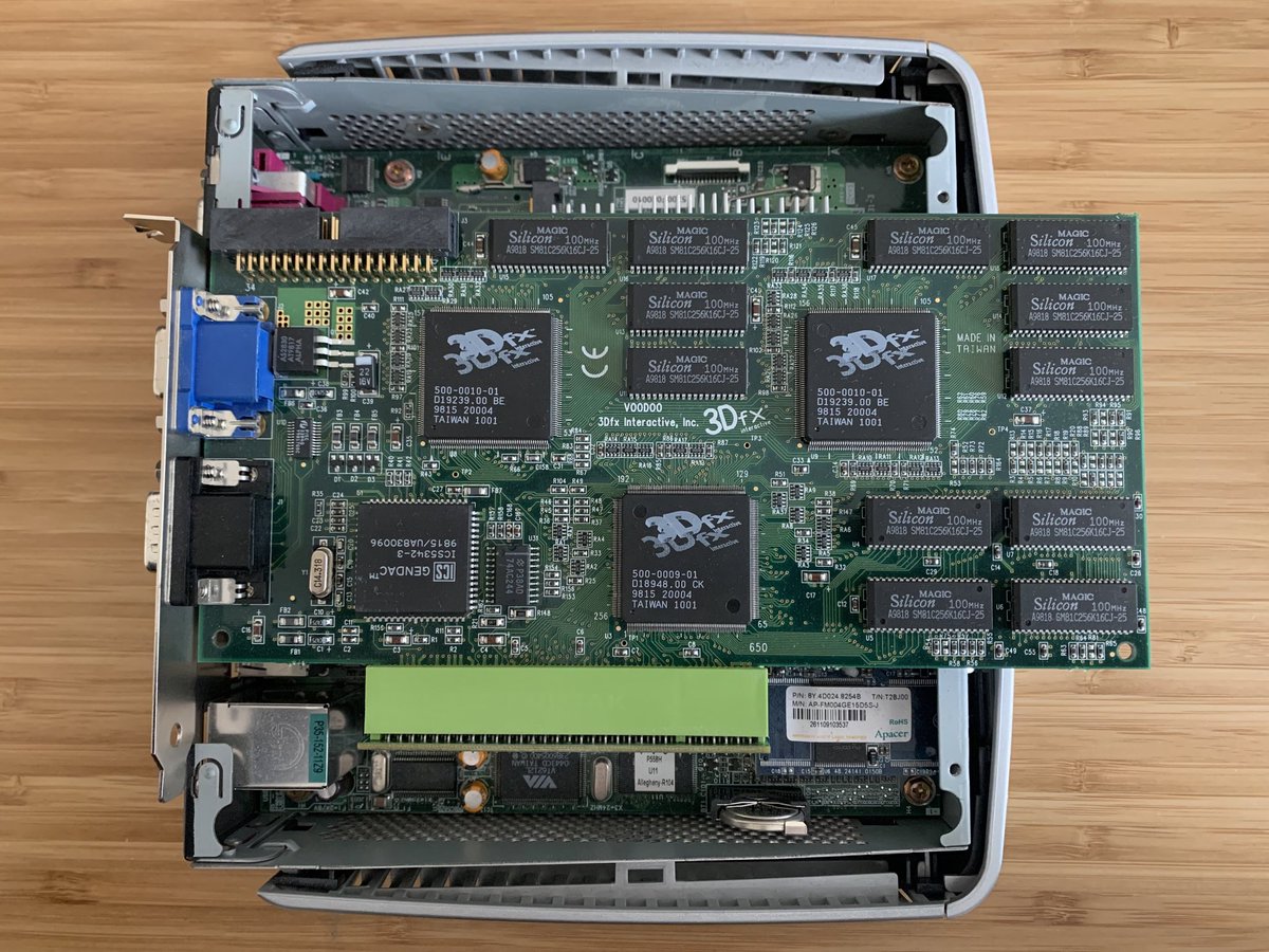 jamesfmackenzie's tweet photo. What have I done!?

A 3Dfx Voodoo2 installed in an HP Compaq Thin Client - that’s what. Hoping this works! #retrogaming https://t.co/1cVYQKmL1x