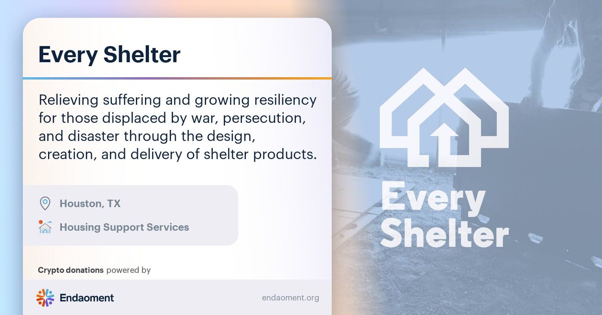#EndaomentOrg <a href="/everyshelter/">Every Shelter</a> uses the power of design to help displaced communities advance from surviving to thriving 🏠

💰 Give #crypto: app.endaoment.org/orgs/832501756

👤💙 Join the #ConsciousCrypto community: discord.gg/endaoment

🙋 Suggest a #nonprofit: endaoment.typeform.com/submit-org