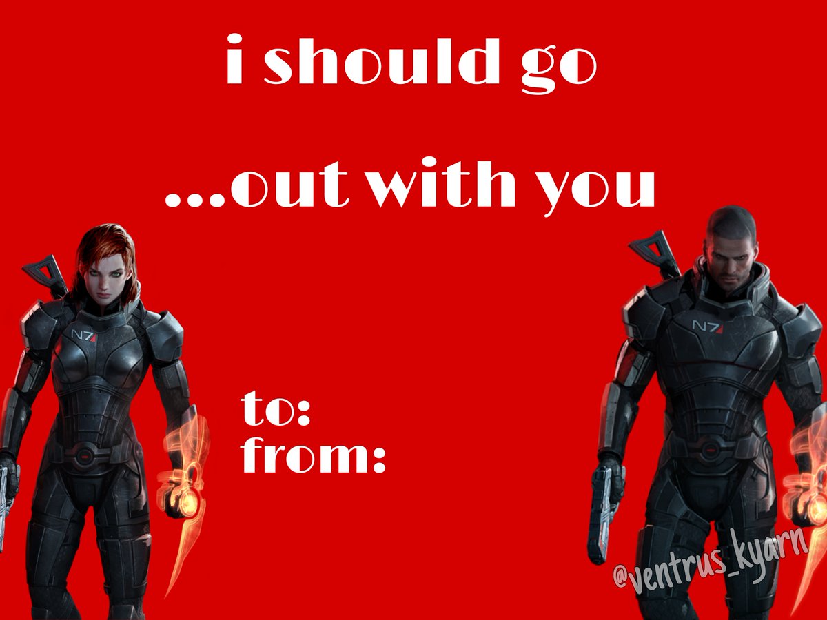 ventrus_kyarn's tweet image. Before Valentine's Day tomorrow (here, anyway), I sat down and made a BUNCH of dumb little cards that you can send to people or just scroll through the bunch to laugh at. There's 39 total, so this is gonna take a while to post in a thread lmao

Anyway, starting with Shepard