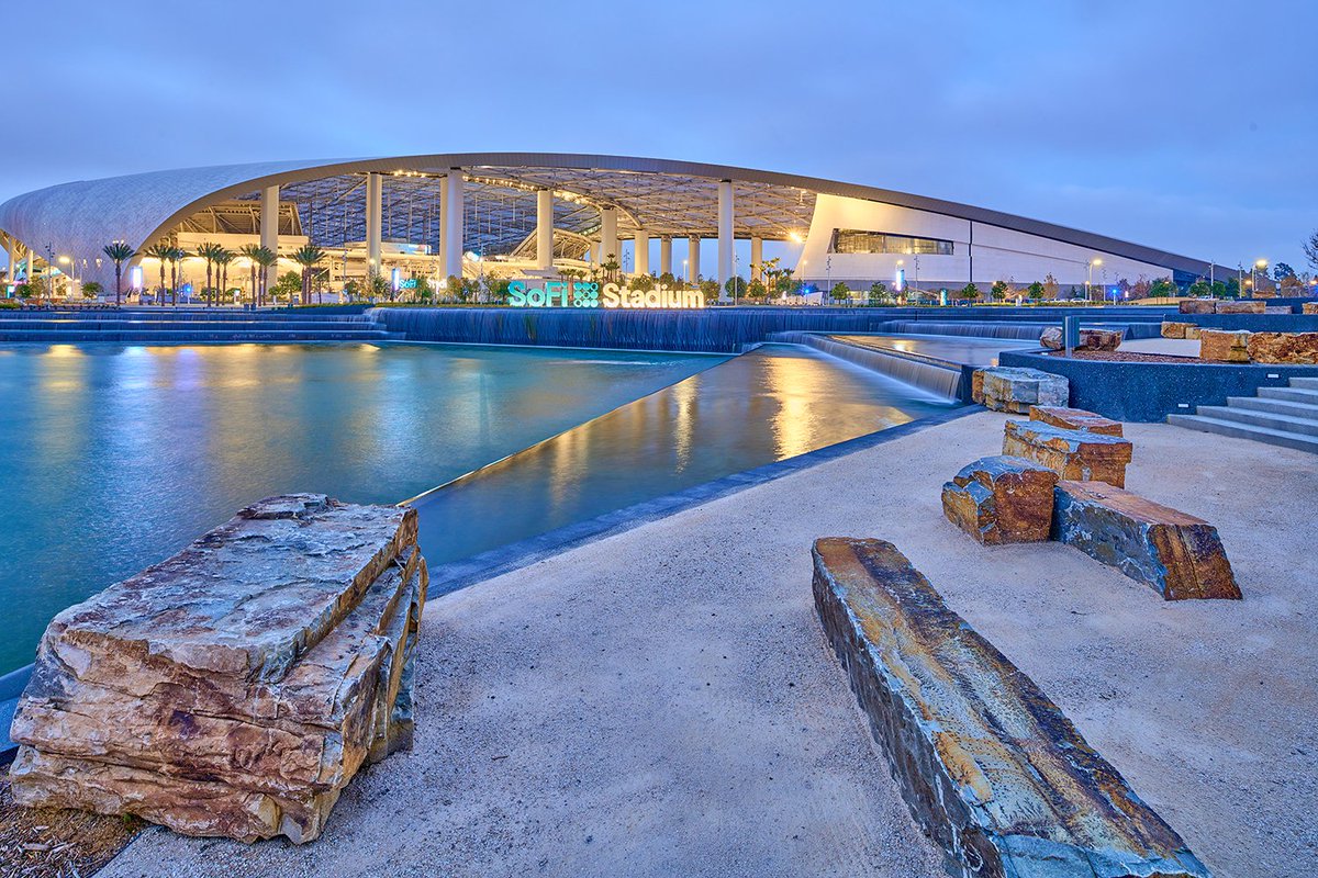 NationalASLA's tweet photo. The new home of the Rams is highlighted on the national stage this #SuperBowl Sunday &amp; is a place you want to visit even if you don't watch football. @SoFiStadium by  @HKSArchitects &amp; #landscapearchitecture firm Studio-MLA sets a higher standard for sustainable sports arenas... https://t.co/H1gonp9wLt
