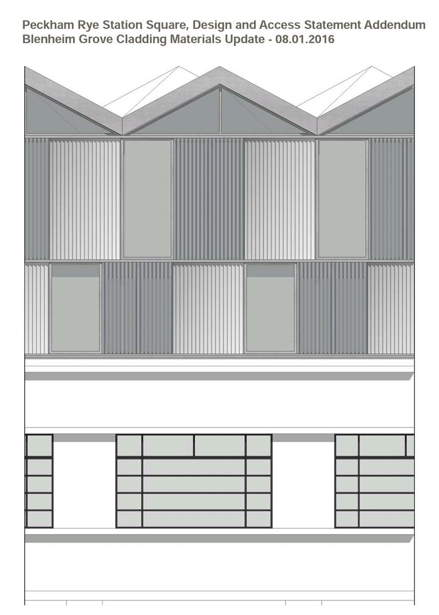 CIeanShirt's tweet photo. @jimwaterson @peckhampeculiar Architects proposals were watered down it looks like. From corrugated iron to corrugated glass to Brittas Empire. These are the renders from the planning submission. @peckhampeculiar https://t.co/4bsMqToUgI