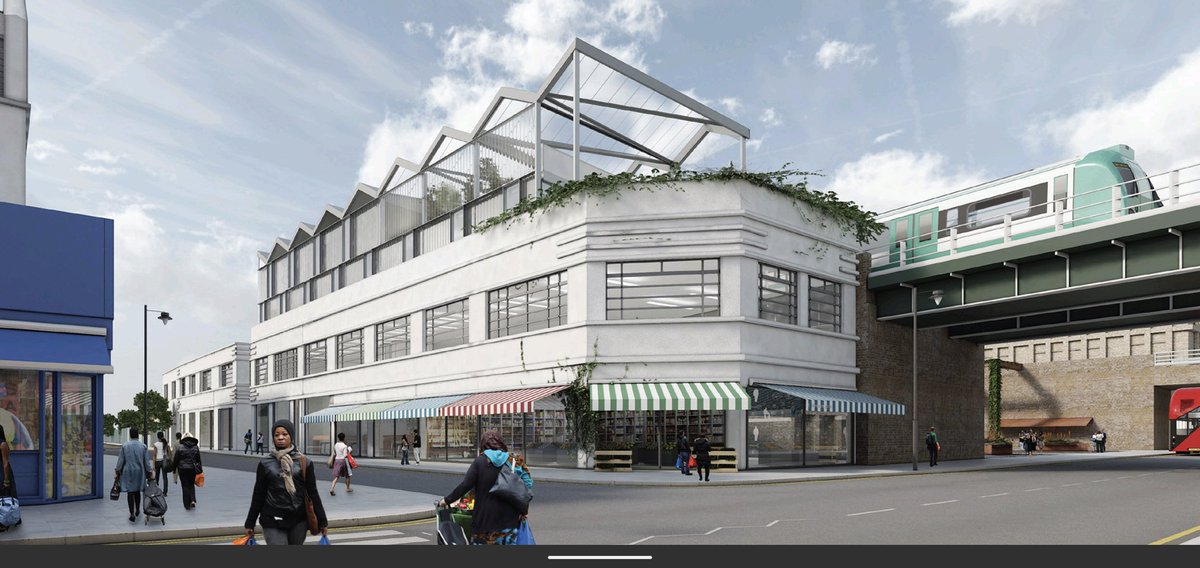CIeanShirt's tweet photo. @jimwaterson @peckhampeculiar Architects proposals were watered down it looks like. From corrugated iron to corrugated glass to Brittas Empire. These are the renders from the planning submission. @peckhampeculiar https://t.co/4bsMqToUgI