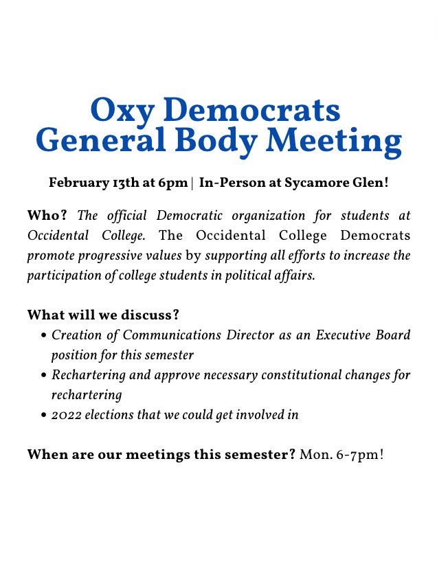 oxydemocrats's tweet photo. Hi Oxy Tigers!🐯💙 We hope you are having a wonderful start to the semester! Welcome back to campus!

We have our first general meeting of the semester tomorrow, Monday February 14th at 6pm PST! 

Please join us in Sycamore Glen, and link in bio for our meeting agenda for tmrw! https://t.co/CP6dyAu0fx