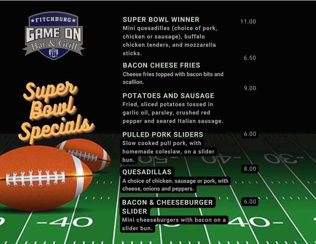 GameOnBarGrille's tweet image. Happy #SuperBowlLVI #Sunday! We’re open until someone gets that champion title!