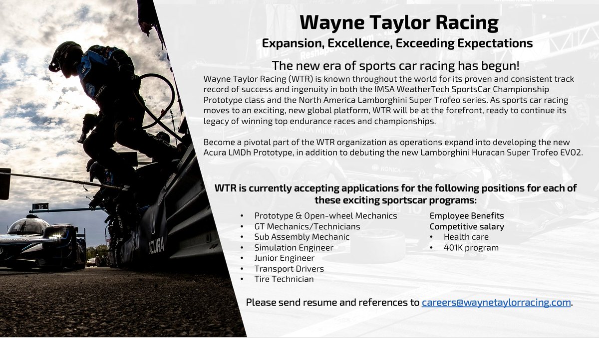 Expansion, Excellence, Exceeding Expectations. 

The new era of sportscar racing has begun. Send your resume to careers@waynetaylorracing.com to join Wayne Taylor Racing's championship team.

#ReshapeWork // #KMSports
