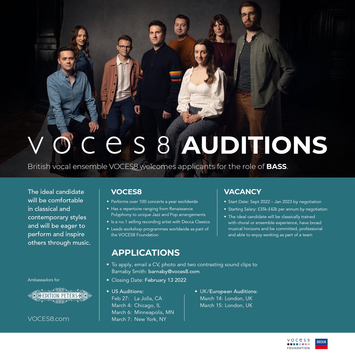 VOCES8's tweet photo. Applications to be VOCES8’s bass, no.8, foundation, and rock of harmony (all the same job obvs) are open until the end of today! #bass #bassmachine #choraljob https://t.co/nnlmemDuRA