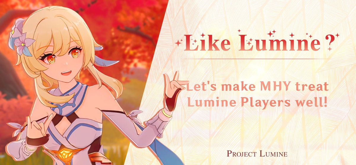 "Проект Люмин" объединил 12к+ игроков,которые хотят видеть Люмин в официальном контенте

Не смотря на то,что играют и платят так же,игроки с Люмин получают куда меньше контента от Михойо. Это неравное обслуживание клиентов, создающее враждебную атмосферу в фандоме

#GenshinImapct