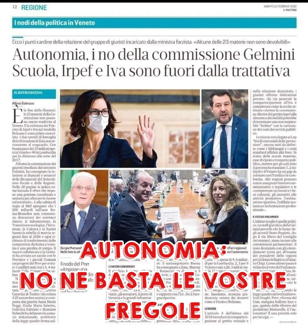 sancaveneta's tweet photo. The committee established by the minister for regional affairs Gelmini puts vetoes against power on schools and taxation being transferred to Veneto. 
Today more than ever we must fight for the result of the 2017 autonomy referendum to be fully respected by the Italian govt. https://t.co/2aaMNY6mJg