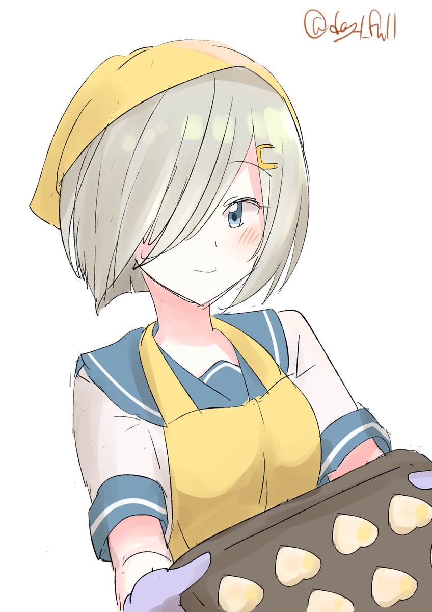 hamakaze (kancolle) 1girl yellow apron solo hair over one eye school uniform hair ornament short hair  illustration images