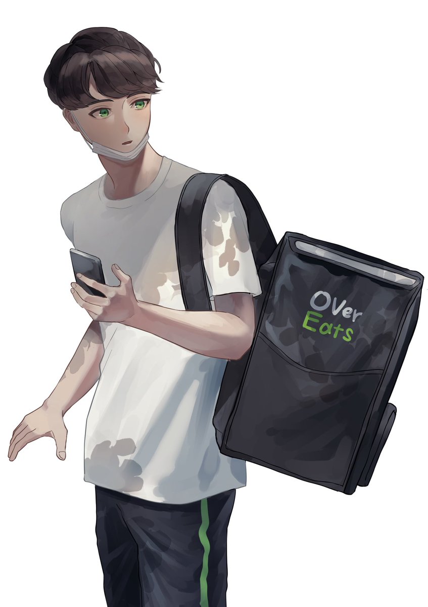 1boy male focus solo bag phone shirt backpack  illustration images