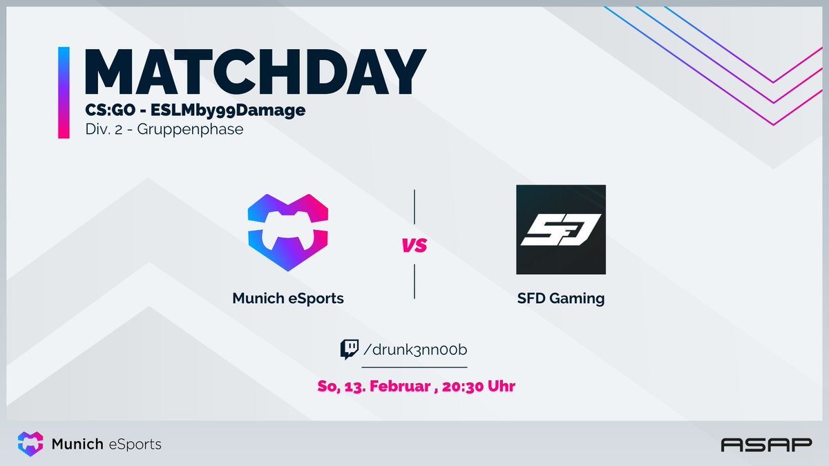 Endlich geht es los! Unser #csgo Mainteam startet in der <a href="/99DAMAGEde/">99Damage</a> #DIV2 die Saison.
Schaut vorbei und zeigt eure Unterstützung. Auf gehts! 💪 

⚔️Munich eSports vs. <a href="/SFDGaming/">SFD-Gaming</a>
🗓️heute, 20:30 Uhr
📺twitch.tv/drunk3nn00b
🎙️<a href="/drunk3nn00b/">drunk3N</a>

#ESLMby99DMG #PlayYourHeartOut