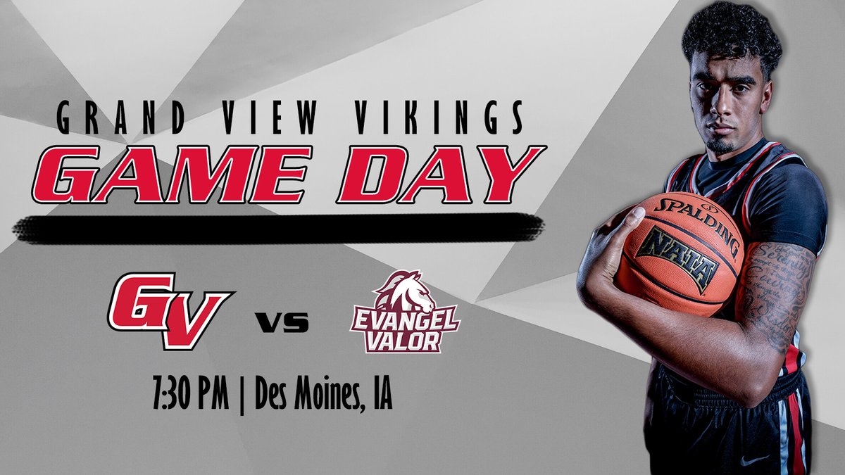 M🏀| #GAMEDAY | <a href="/GVVikingMBB/">Grand View Men's Basketball</a> 
🆚: Evangel University
📍: Des Moines, IA
⏰: 7:30 PM
📈: naiastats.prestosports.com/sports/mbkb/20…
📹: team1sports.com/grandviewvikin…
🎟️: gvvikings.com/tickets

#HeartMBB