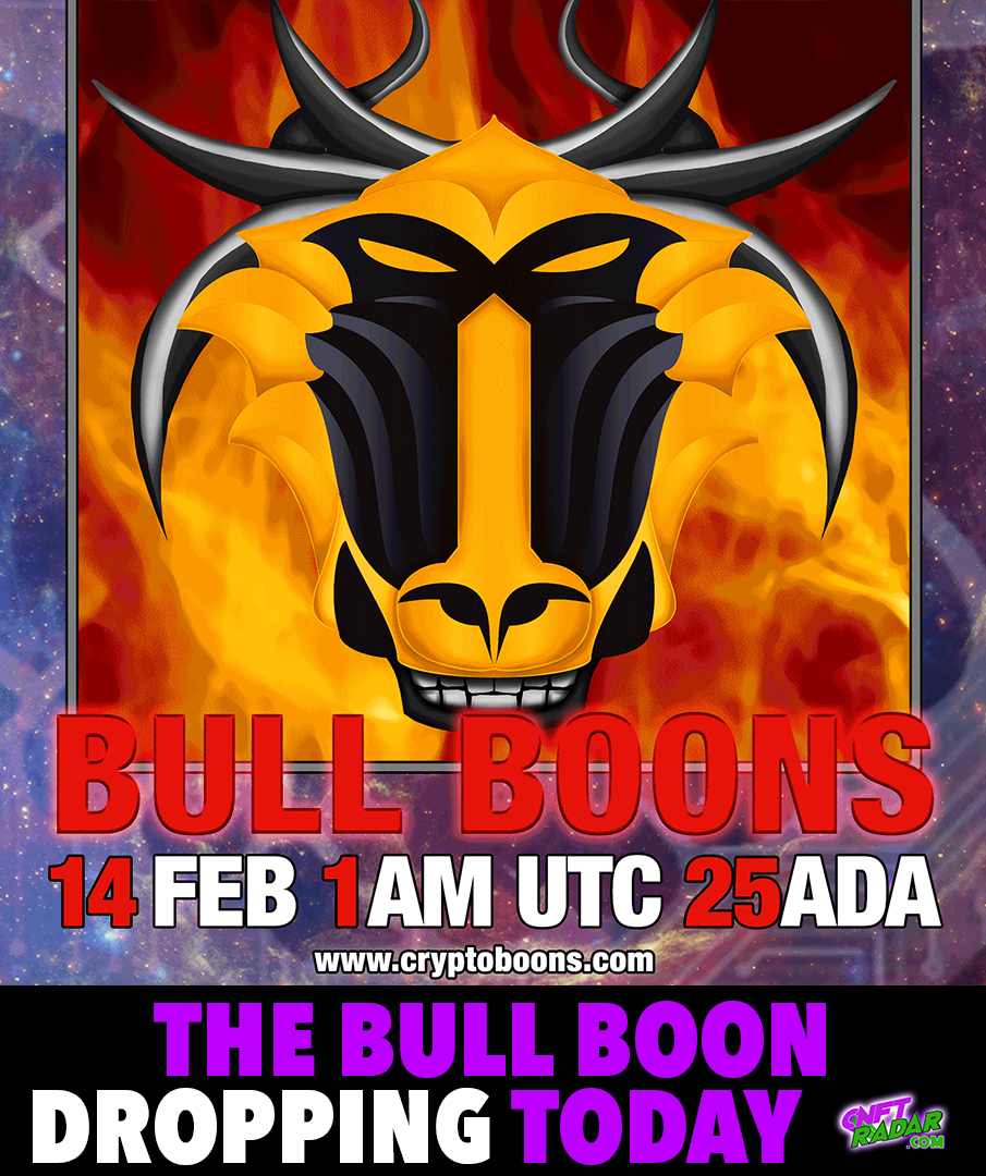 cnftradarcom's tweet photo. The Bull Boon #CNFT drop is coming up👀⏰
📢@CryptoBoonsInc
 
Check our calendar on https://t.co/neiBXcsB9j for drop details!
 
#Cardano  #CNFTdrop #CNFTCommunity #NFTMint #NFTMintAlert #cnftproject #ADA https://t.co/YKFDPdXZAS